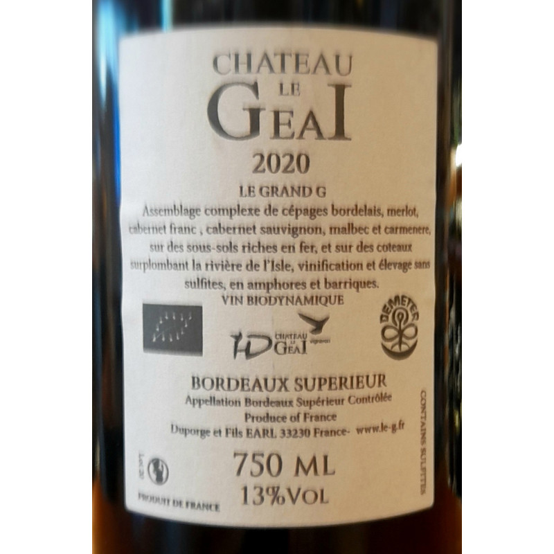 Château Le Geai - Le Grand G - Rouge - Bordeaux - 2018 -13% - 75 CL