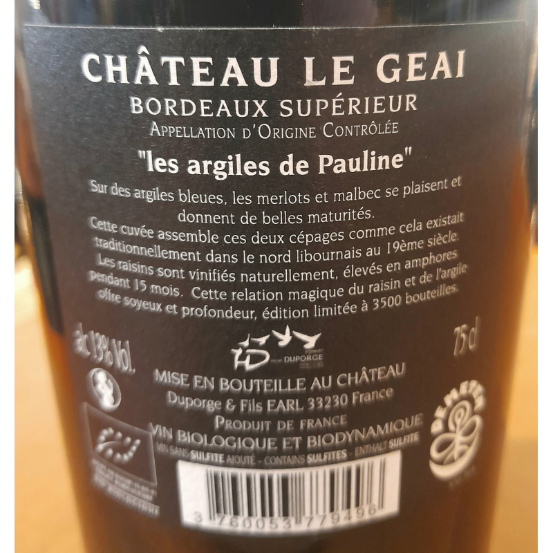 Château Le Geai - Les Argiles de Pauline - AOC Bordeaux -Rouge -  2018 -13% - 75 CL